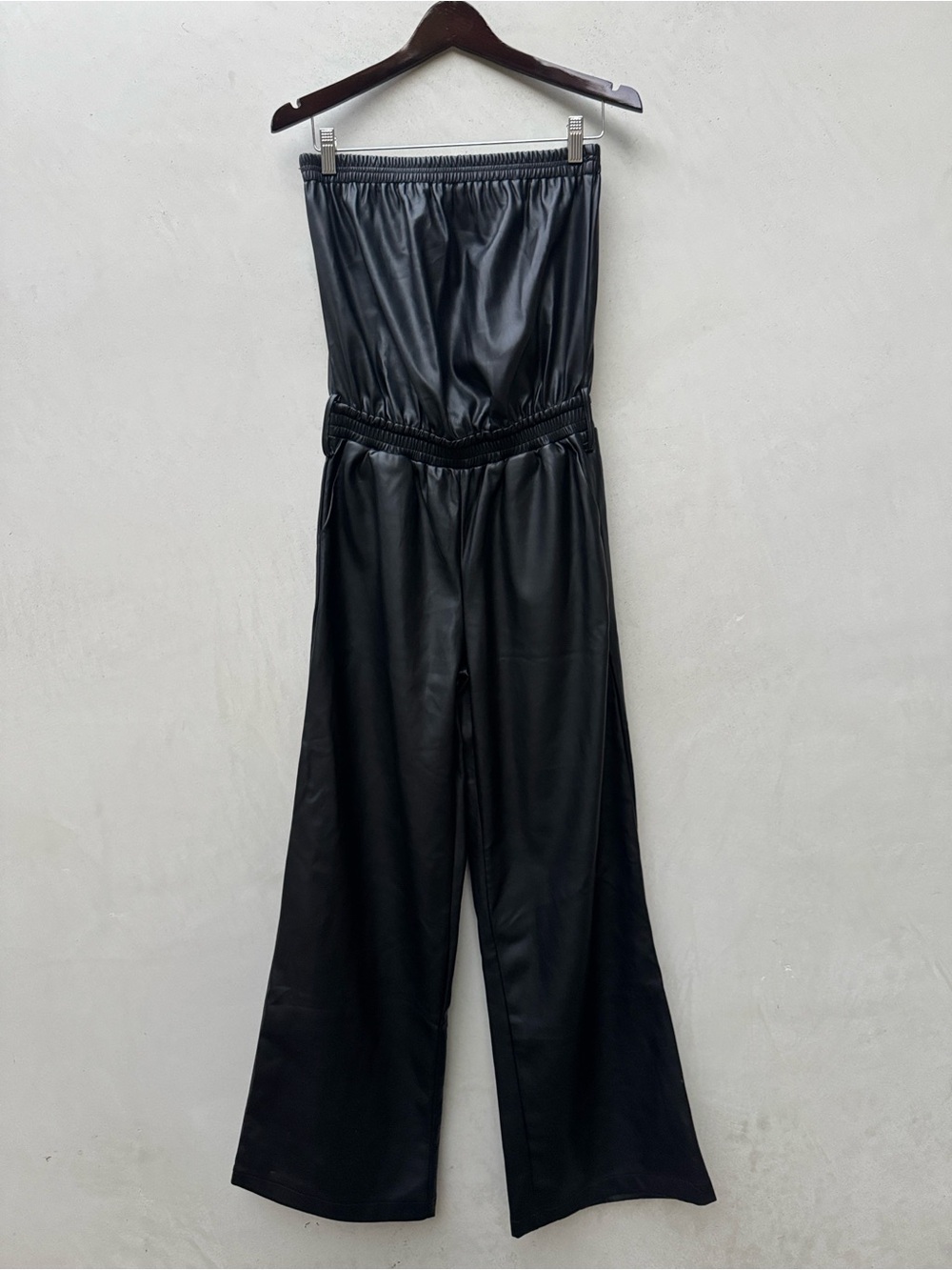 Bishop + Young Glam Slam Vegan Leather Strapless Wide Leg Jumpsuit S Black
